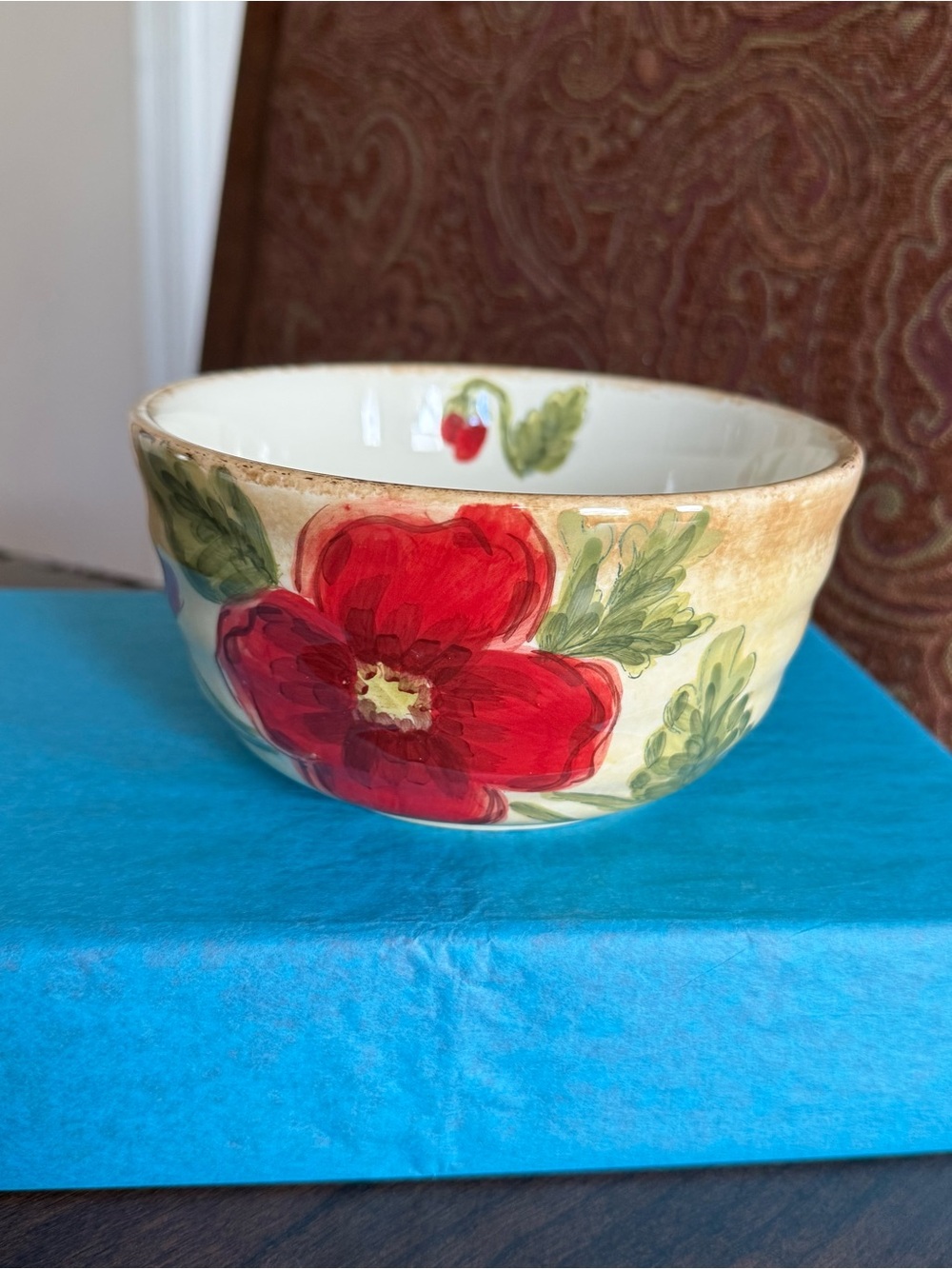 Maxcera Corp Hand Painted Red Poppies Ceramic 6" Round Soup Bowl